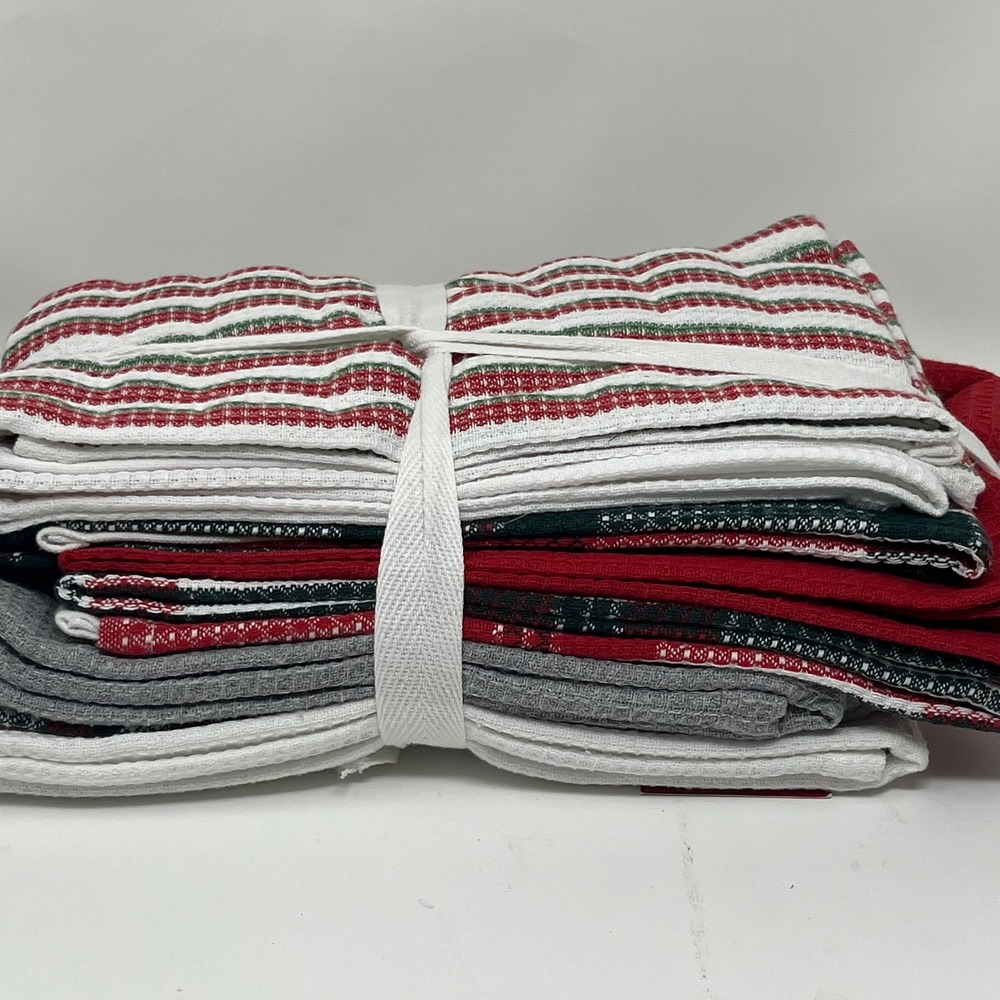 Holiday Kitchen Bar Towels Rags Set 8 Cotton Blend Plaid Striped Christmas Red